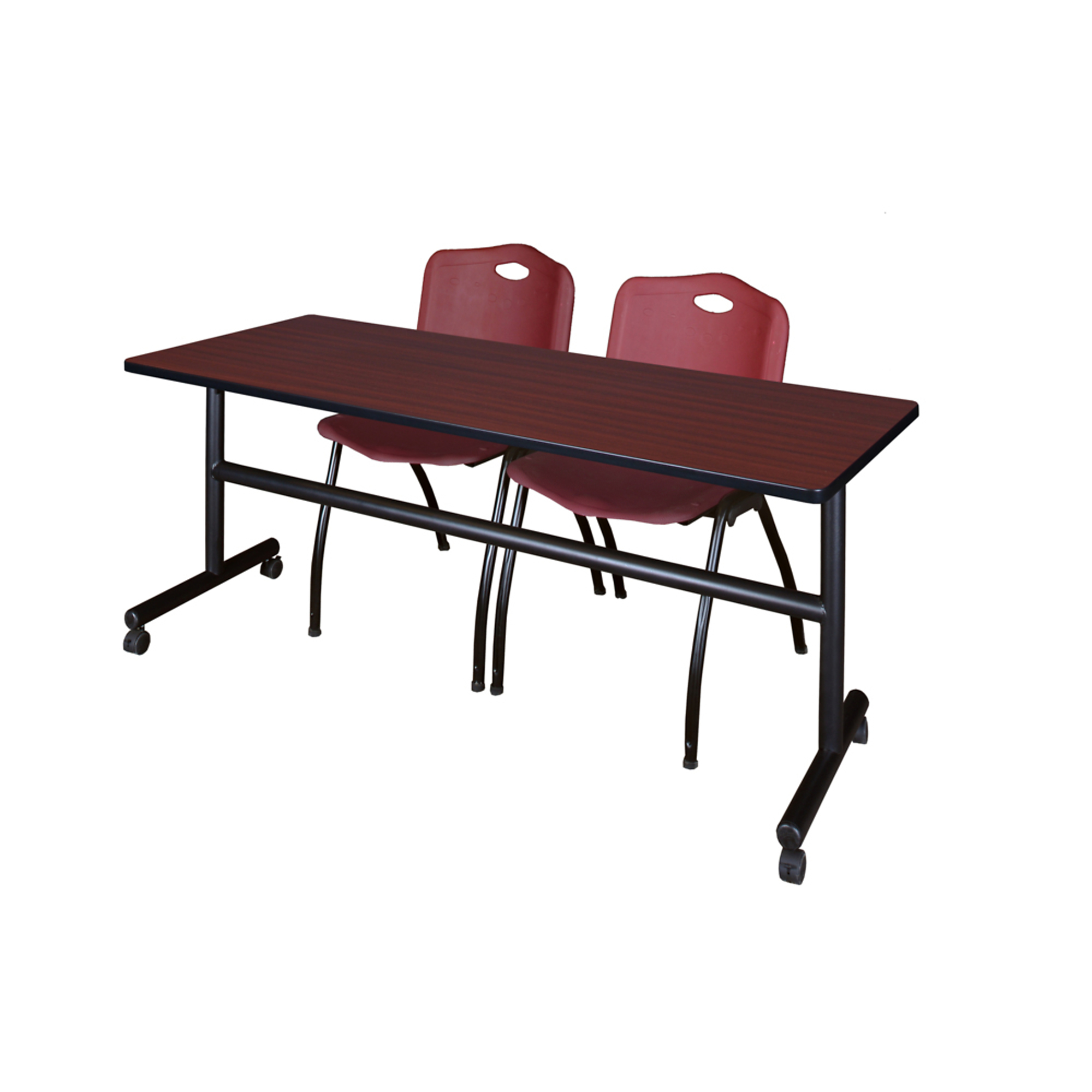 Regency Kobe Flip-Top Training Nesting Table with 2 Stack Chairs — 72in. x 30in., Mahogany/Grey, Burgundy Chairs, Model# MKFT7230MH47BY